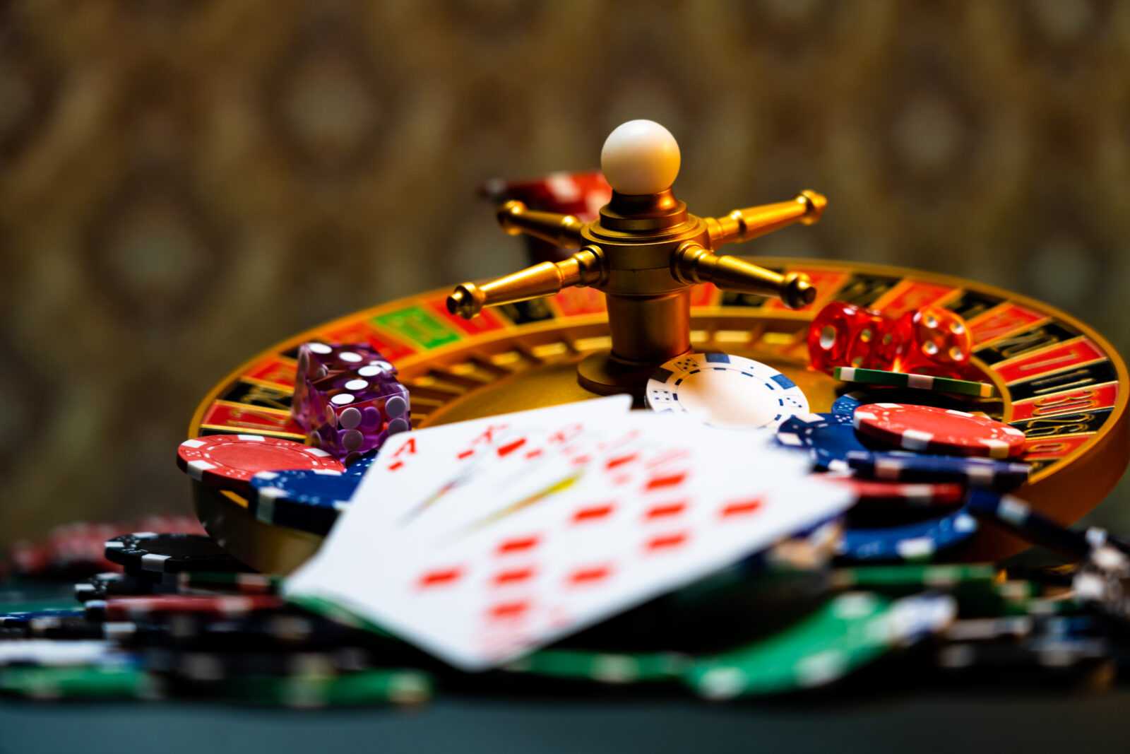 Casino set with Roulette, cards, dice and chips