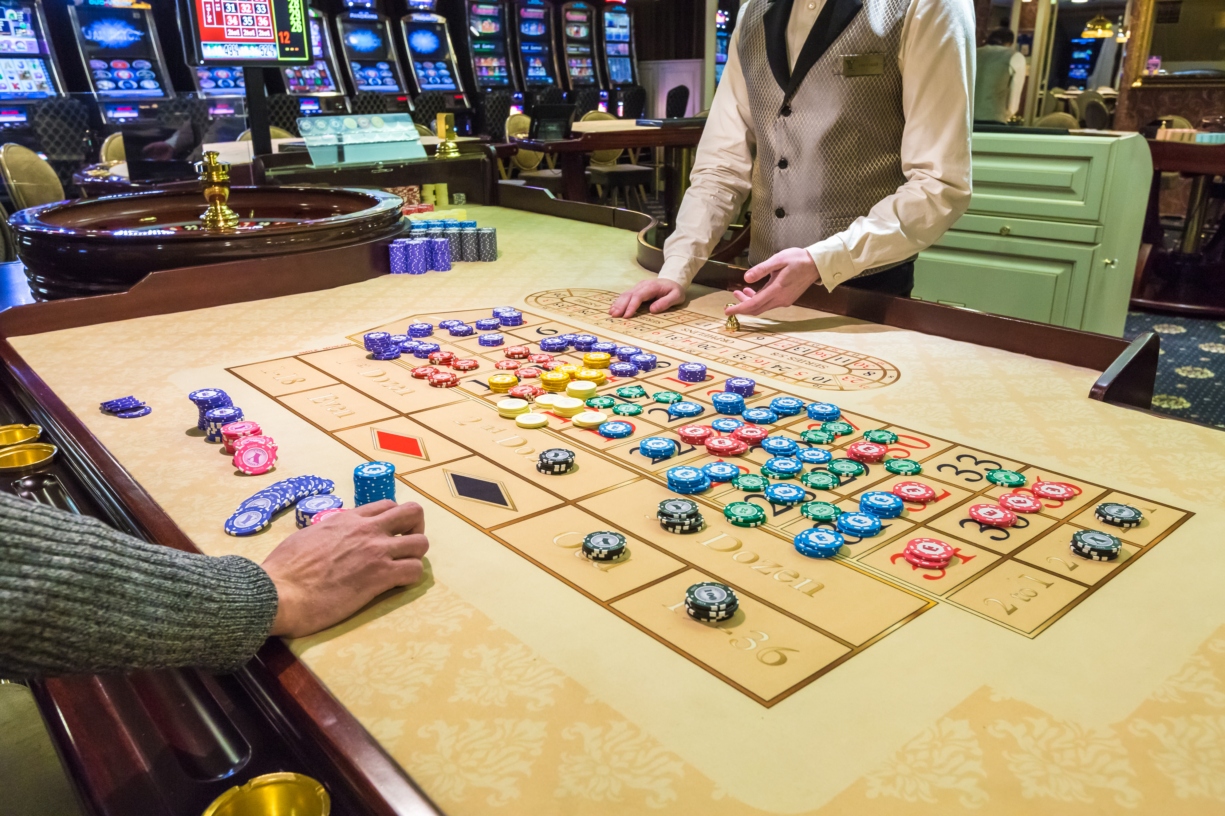MINSK, BELARUS - FEBRUARY 2, 2017: gambling chips on a game table roulette